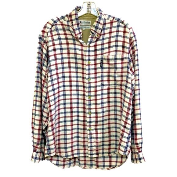 COLUMBIA SHIRT MENS MEDIUM RED WHITE BLUE  CHECK 100% COTTON FLANNEL BUTTON DOWN - Picture 1 of 10